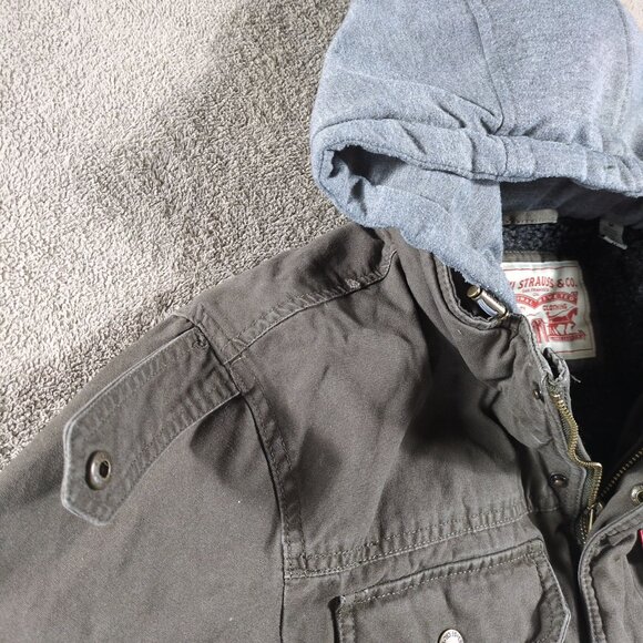 Levi’s Sherpa Lined Hooded Military Jacket Mens M Olive Green Workwear Winter - Picture 4 of 13